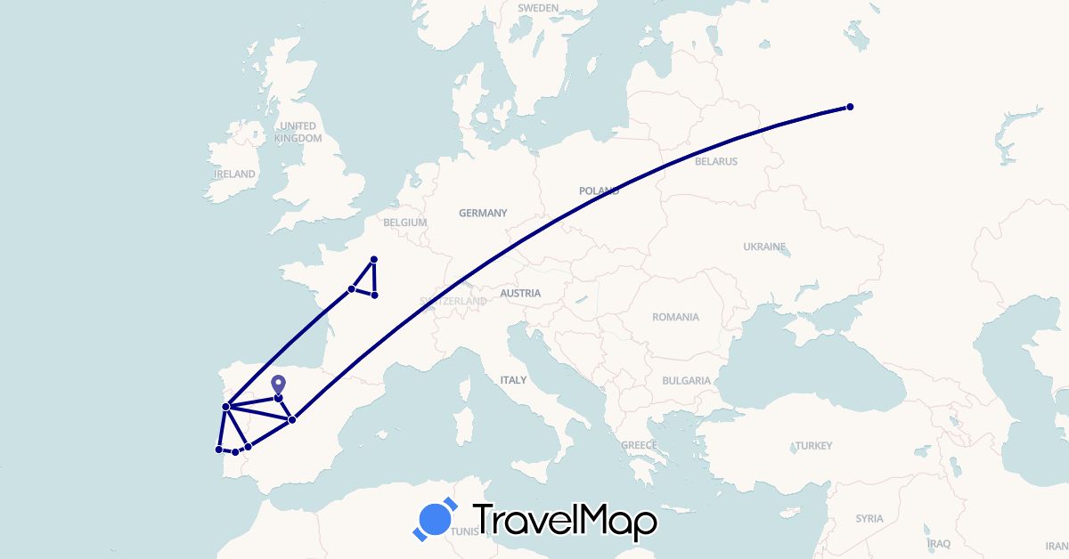 TravelMap itinerary: driving in Spain, France, Portugal, Russia (Europe)